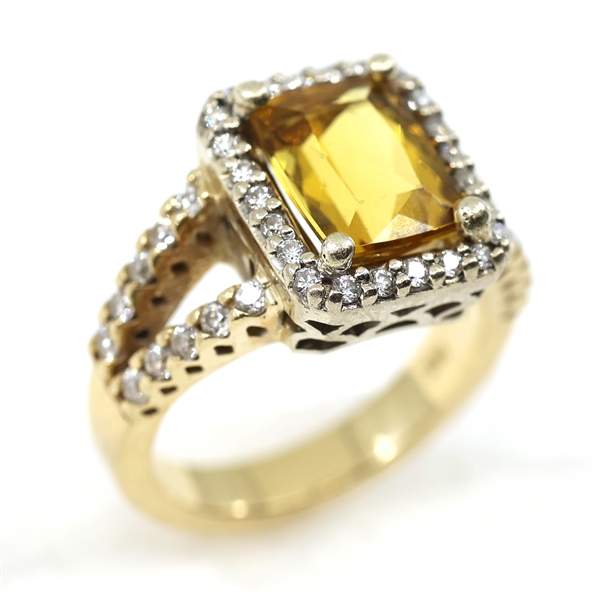 14K YELLOW GOLD CITRINE & DIAMOND COCKTAIL RING 