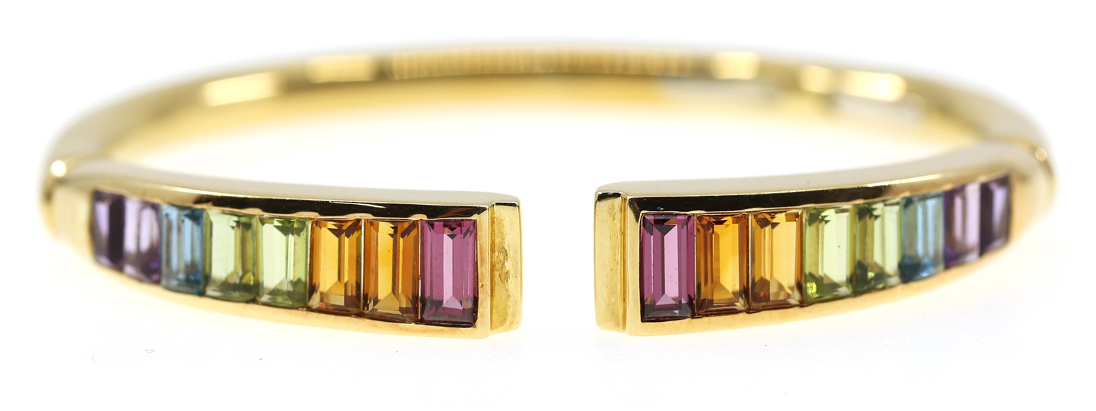 18K YELLOW GOLD MULTI-COLOR TOURMALINE HINGED BANGLE
