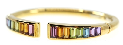18K YELLOW GOLD MULTI-COLOR TOURMALINE HINGED BANGLE