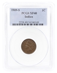 1909-S US INDIAN HEAD 1 CENT COIN PCGS XF40