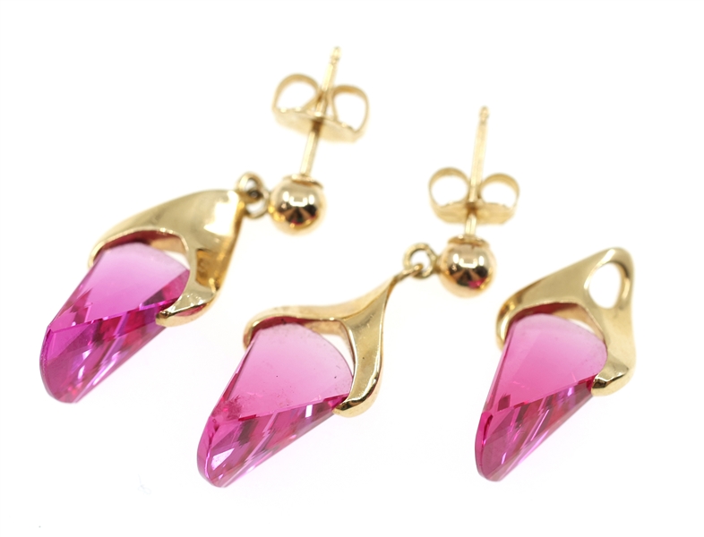 14K GOLD FANCY CUT PINK SAPPHIRE EARRINGS & PENDANT