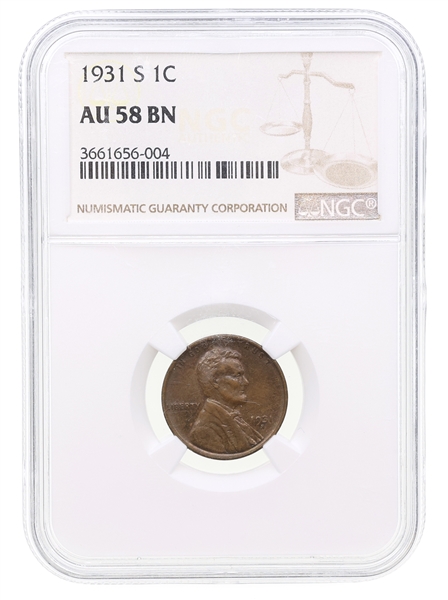 1931-S US LINCOLN WHEAT 1C COIN NGC AU58 BN