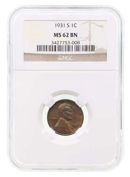 1931-S US LINCOLN WHEAT 1 CENT COIN NGC MS 62 BN