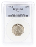 1917-D TYPE 2 US STANDING LIBERTY 25C COIN PCGS MS63 