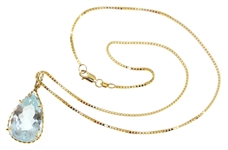 14K YELLOW GOLD PEAR CUT AQUAMARINE PENDANT WITH CHAIN