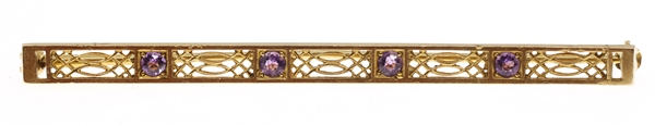 14K YELLOW GOLD AMETHYST BAR BROOCH / PIN