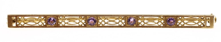 14K YELLOW GOLD AMETHYST BAR BROOCH / PIN