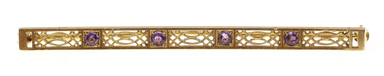 14K YELLOW GOLD AMETHYST BAR BROOCH / PIN