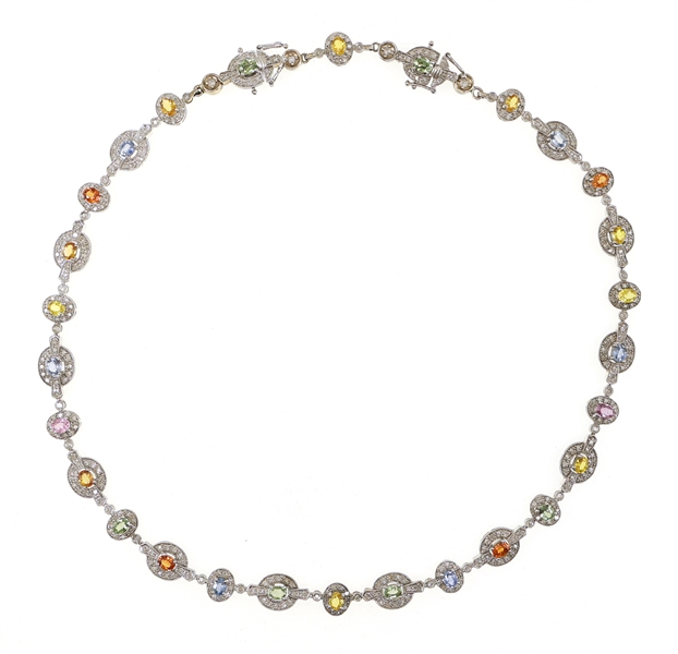 14k WHITE GOLD DIAMOND & MULTI-COLOR SAPPHIRE NECKLACE