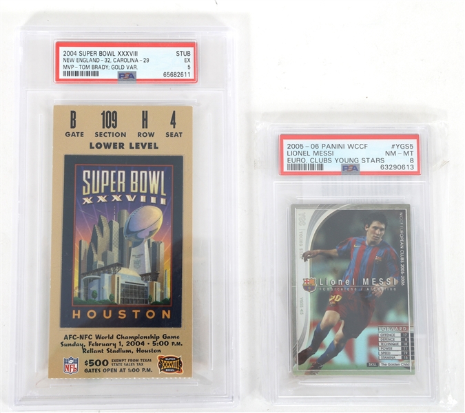 MESSI TRADING CARD & SUPER BOWL XXXVIII TICKET GRADED