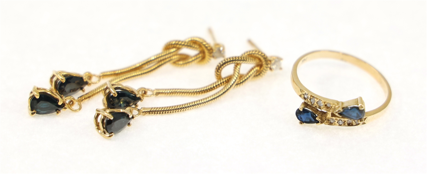 14K YELLOW GOLD BLUE SAPPHIRE & DIAMOND RING & EARRINGS