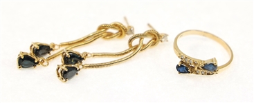 14K YELLOW GOLD BLUE SAPPHIRE & DIAMOND RING & EARRINGS