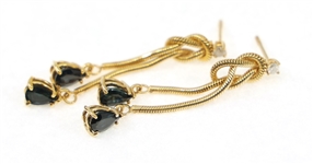 14K YELLOW GOLD BLUE SAPPHIRE & DIAMOND RING & EARRINGS