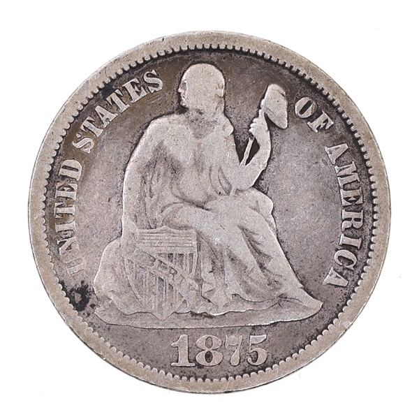 1875-CC US SILVER SEATED LIBERTY 10C DIME COIN