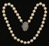 PEARL NECKLACE WITH 14K WHITE GOLD & DIAMOND CLASP