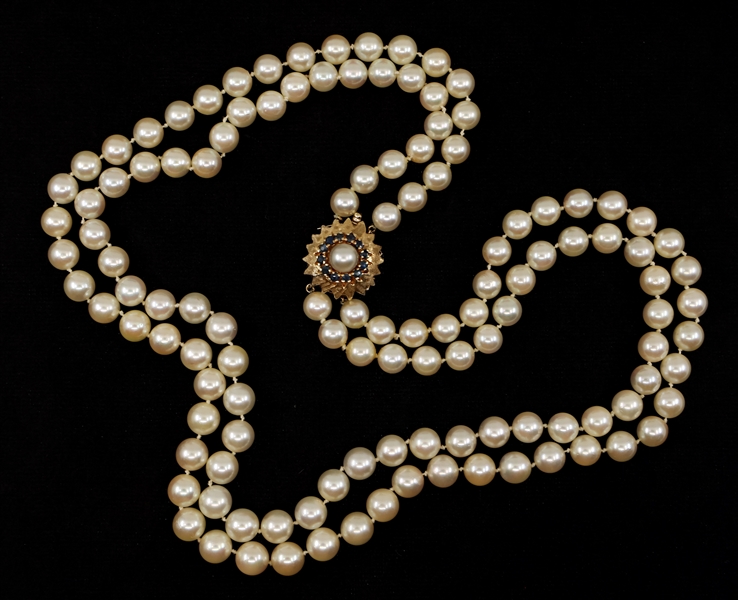 DOUBLE STRAND OF PEARLS WITH 14K GOLD & SAPPHIRE CLASP