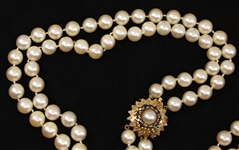 DOUBLE STRAND OF PEARLS WITH 14K GOLD & SAPPHIRE CLASP
