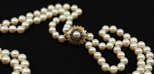 DOUBLE STRAND OF PEARLS WITH 14K GOLD & SAPPHIRE CLASP