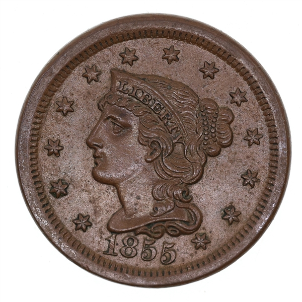 1855 US BRAIDED HAIR LARGE 1 CENT COIN