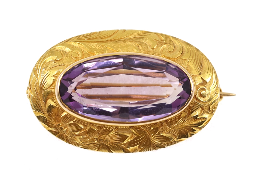 14K YELLOW GOLD AMETHYST BROOCH
