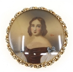 14K YELLOW GOLD SEED PEARL & PAINTED PORTRAIT BROOCH