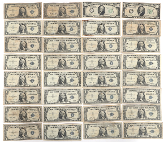 US $1 SILVER CERTIFICATES & $10 FEDERAL RESERVE NOTES