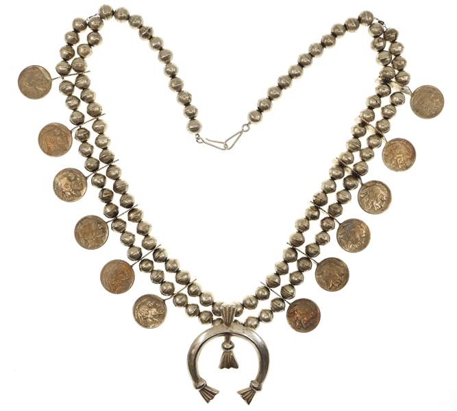 STERLING SILVER SQUASH BLOSSOM NECKLACE WITH NICKELS