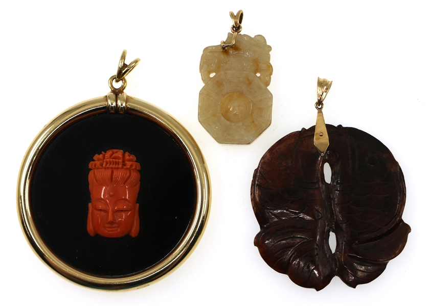 14K YELLOW GOLD CHINESE CARVED GEMSTONE PENDANTS