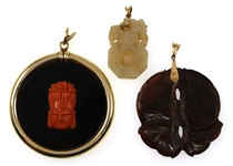 14K YELLOW GOLD CHINESE CARVED GEMSTONE PENDANTS