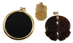 14K YELLOW GOLD CHINESE CARVED GEMSTONE PENDANTS