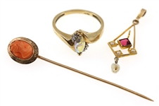 10K YELLOW GOLD PENDANT, RING, & STICK PIN