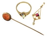 10K YELLOW GOLD PENDANT, RING, & STICK PIN