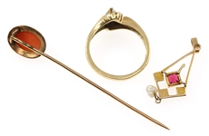 10K YELLOW GOLD PENDANT, RING, & STICK PIN