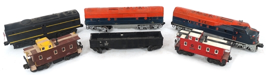 REPAINTED LIONEL O GAUGE MODEL TRAIN CARS & LOCOMOTIVE