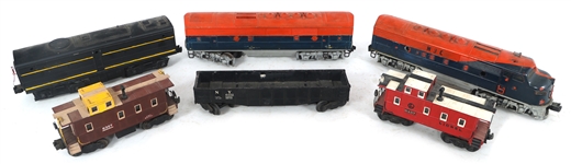 REPAINTED LIONEL O GAUGE MODEL TRAIN CARS & LOCOMOTIVE