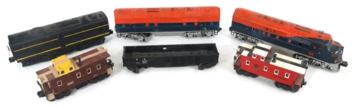 REPAINTED LIONEL O GAUGE MODEL TRAIN CARS & LOCOMOTIVE