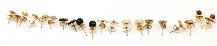 14K YELLOW GOLD STUD EARRINGS - ONYX, ENAMEL, & MORE