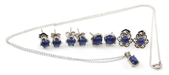 14K WHITE GOLD BLUE STAR SAPPHIRE EARRINGS & PENDANT