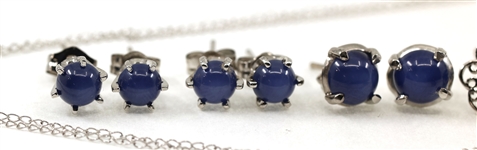 14K WHITE GOLD BLUE STAR SAPPHIRE EARRINGS & PENDANT