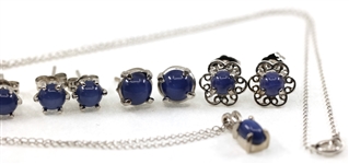 14K WHITE GOLD BLUE STAR SAPPHIRE EARRINGS & PENDANT