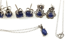14K WHITE GOLD BLUE STAR SAPPHIRE EARRINGS & PENDANT