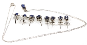 14K WHITE GOLD BLUE STAR SAPPHIRE EARRINGS & PENDANT