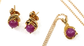 14K YELLOW GOLD PINK STAR SAPPHIRE EARRINGS & PENDANT