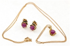 14K YELLOW GOLD PINK STAR SAPPHIRE EARRINGS & PENDANT