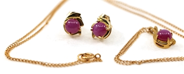 14K YELLOW GOLD PINK STAR SAPPHIRE EARRINGS & PENDANT