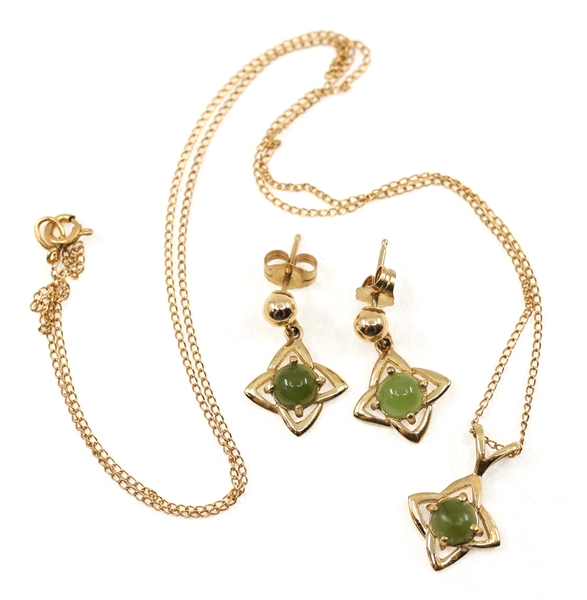 14K YELLOW GOLD JADE EARRINGS & PENDANT 