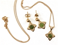 14K YELLOW GOLD JADE EARRINGS & PENDANT 