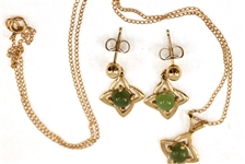 14K YELLOW GOLD JADE EARRINGS & PENDANT 