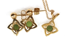 14K YELLOW GOLD JADE EARRINGS & PENDANT 
