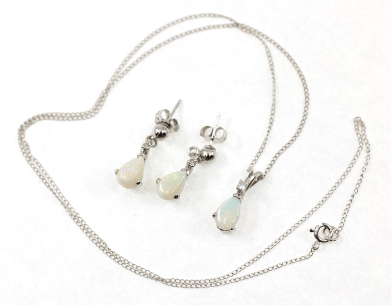 14K WHITE GOLD OPAL & DIAMOND EARRINGS & PENDANT